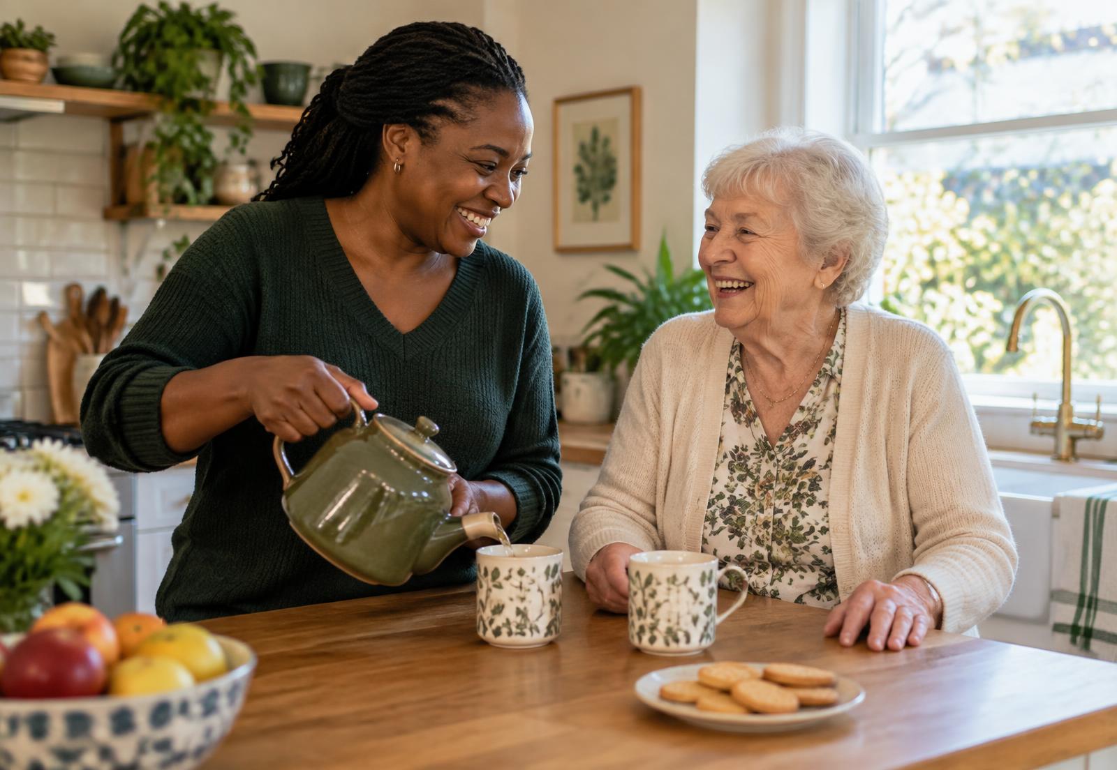 A Gracefield carer sharing tea and a laugh with an older woman at home